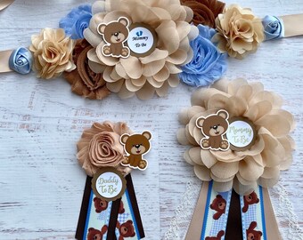 Teddy Bear Baby Shower Sash ,Blue Brown Khaki Teddy Bear Maternity Sash, Belly Sash, Boy Maternity Sash,Teddy Bear Mommy To Be Baby Shower