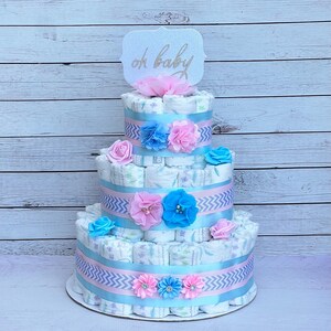 Gender Reveal Diaper Cake Baby Shower ,3 tier Diaper Cake  , Baby Shower Gift, gender Reveal Baby Shower Decoration, Table Centerpiece