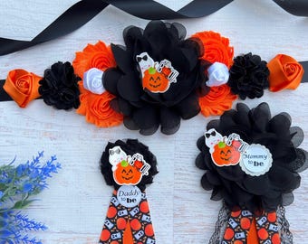 Kürbis und Geist-Baby-Dusche Mutterschaft Schärpe Jack O Lantern Halloween-Baby-Dusche Corsagen Mama und Papa Stifte
