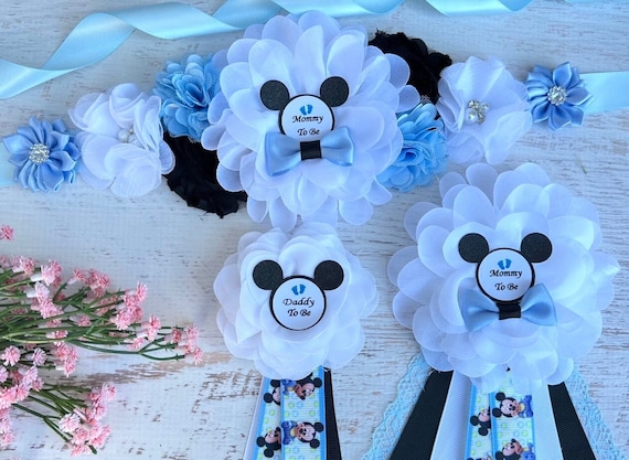Mickey Mouse Maternity Sash Baby Shower Boy Mickey Corsages Mommy Daddy and Family Pins