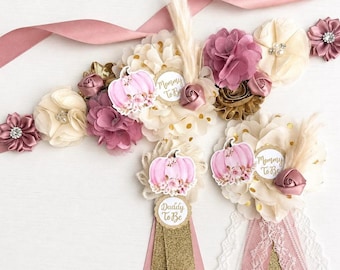 Rose Gold Pumpkin Baby Shower Maternity Sash Girl,Pink Pumpkin Pregnancy Sash ,Mom Dad and Family Baby Shower Corsages