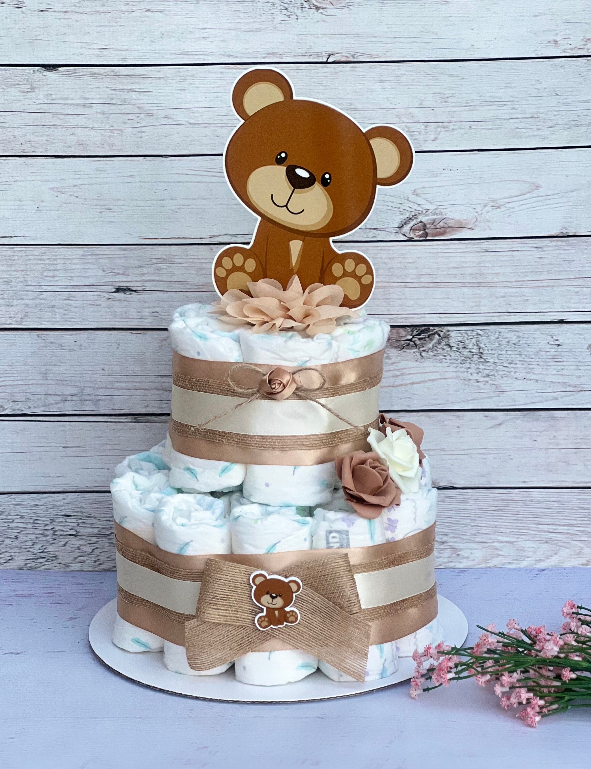 Tan / Cream / Burlap Teddy Bear Diaper Cake Gender Neutral Baby Shower ...