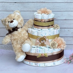 Teddy Bear Diaper Cake ,Teddy Bear Baby Shower Centerpiece, Teddy Baby Shower Decorations, Gender Neutral Baby Shower Decoration