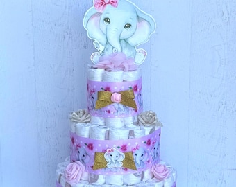 Pink Elephant Diaper Cake: Baby Shower Centerpiece Decoration
