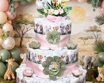 Girl Safari Diaper Cake Girl Safari Baby Shower Girl Baby Shower Centerpiece Decoration Baby Shower Gift 3 tier Diaper Cake