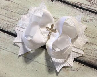 Baptism Hair Bow,Baptism Hair Bows ,Christening Hair Bow ,White Hair Bow ,White and Silver Cross Hair Bow ,First Communion Hair Bow