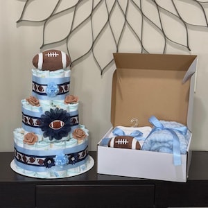 Football Diaper Cake Boy, Baby Gift Box Set ,Football Baby Shower Boy ,Baby Shower Gift, Shower Decoration, Table Centerpieces, 3 tier  cake
