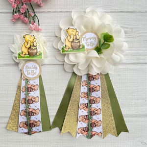 Classic Winnie The Pooh Corsage, Classic Winnie The Pooh Baby Shower Pin Mommy to be Ribbon Mom and Dad Pins Mommy Corsage Sage Classic Pooh