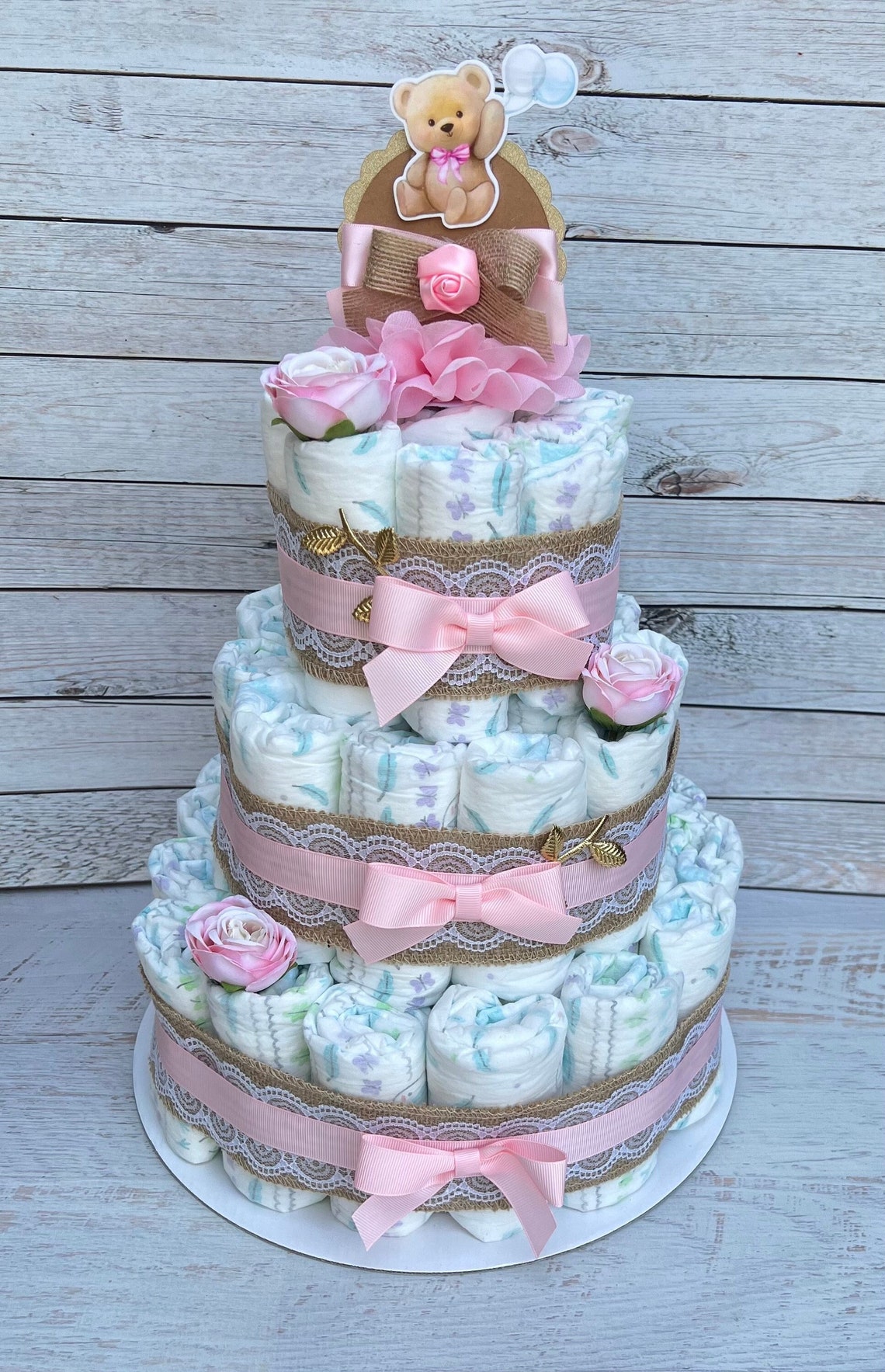 Teddy Bear Diaper Cake Girl , Baby Shower Centerpiece - Etsy