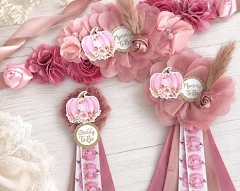 Pink Pumpkin Baby Shower Sash, Fall Mommy and Daddy Pins, Little Pumpkin Corsage
