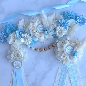 Boho Baby Shower Graviditetsband, Mamma Pappa och Familjenålar: Välj färg Blå