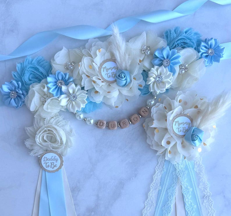 Boho Baby Shower Graviditetsband, Mamma Pappa och Familjenålar: Välj färg Blå