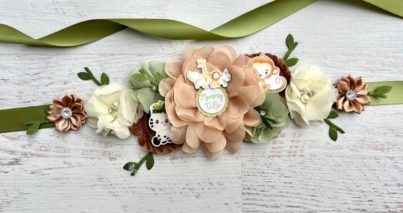 Brown Baby Shower Dress Maternity Sash Kit With Orange Flower