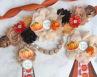 Little Pumpkin Baby Shower Sash Fall Pumpkin Maternity Sash Gender Neutral Baby Shower Boho Pumpkin Baby Shower Corsage , baby Shower pin