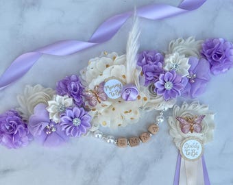 Boho Butterfly Baby Shower Sash ,Butterfly Maternity Sash, Purple Butterfly Sash ,Pregnancy Sash ,Mommy to be Sash ,Baby Shower Pins