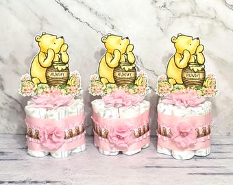 Set of 3 Classic Pooh Baby Shower Diaper Cakes Girl Pooh Centerpieces Table Decor Baby Shower Girl Baby Shower Gift Shower Decoration