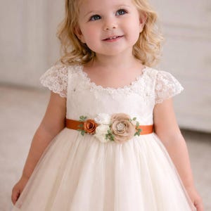 orange wedding dress sash Flower Girl Dress in Burnt Orange with Handmade Floral Sash 15m/2T / Dress/Flower Sash