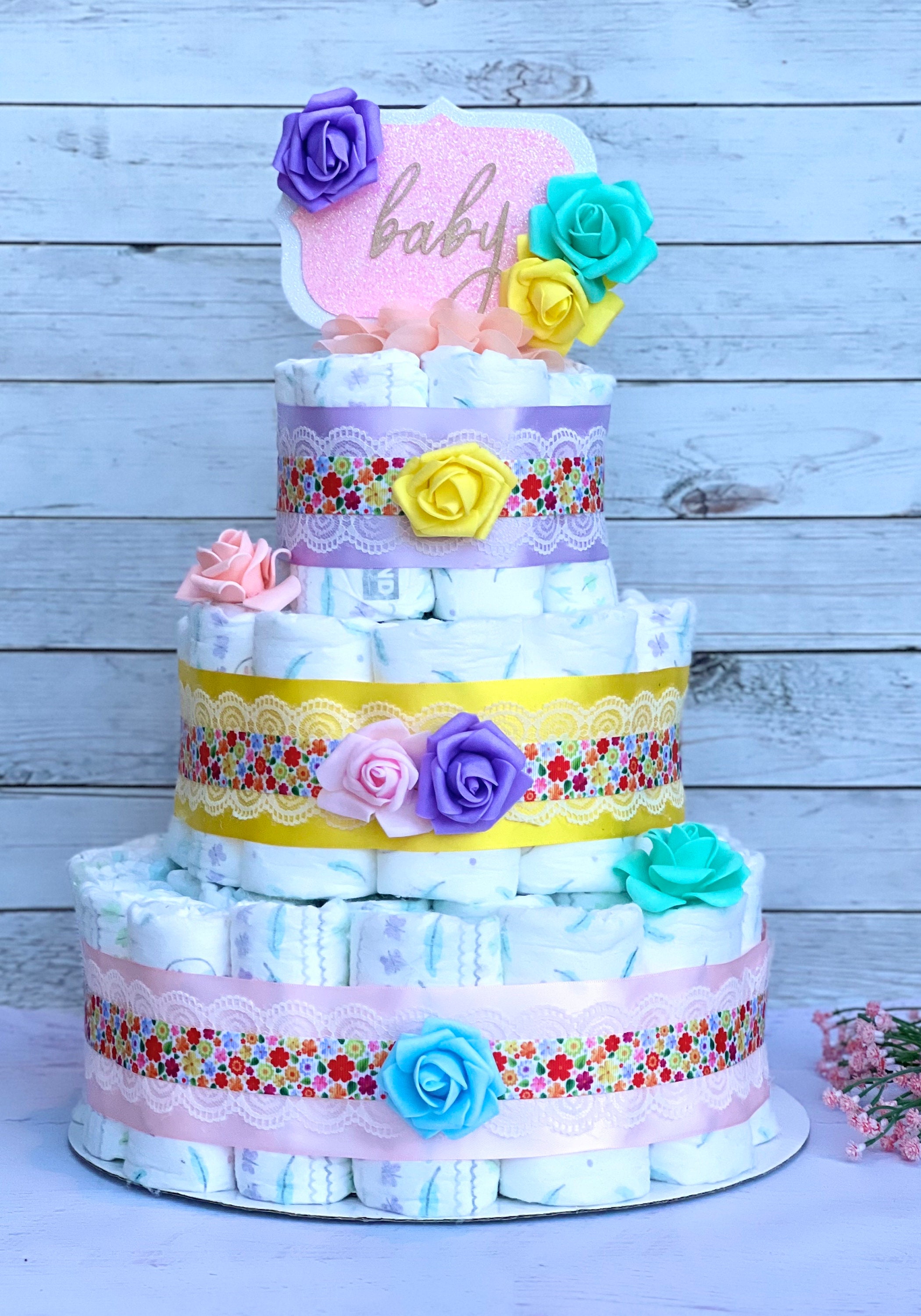 Spring Diaper Cake Baby Shower Girl Garden Wildflower Baby Shower Table Centerpiece Baby Shower Decoration Baby in Bloom