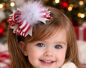Red / White Christmas Hair Bow Feather Holiday Hair Bow Girls Christmas Hair Accessory Toddler Hair Clip Christmas Gift
