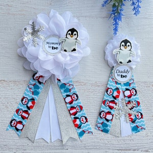 Penguin Baby Shower Pin, Penguin Baby Shower Corsage, Penguin Baby Shower Boy , Mommy Ribbon, Mommy Corsage, Snowflake Penguin Baby Shower