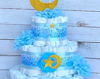 Moon and Star Diaper Cake Baby Shower Boy  Centerpiece Decor
