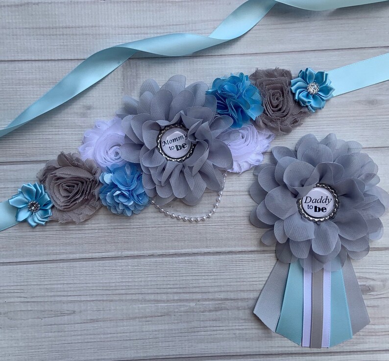 Blue Gray White Maternity Sash Boy Pregnancy Sash Baby Shower Etsy