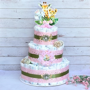 Safari Diaper Cake Girl Jungle Safari Baby Shower Girl Baby Shower Centerpiece Decoration Baby Shower Gift 3 tier Diaper Cake