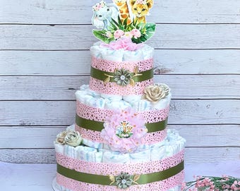 Safari Diaper Cake Girl Jungle Safari Baby Shower Girl Baby Shower Centerpiece Decoration Baby Shower Gift 3 tier Diaper Cake