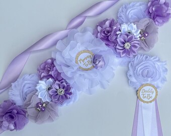 Lila lavendelfärgad babyshower-skärp för gravida, bohemiska corsager, nålar för pappa och familj