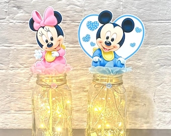 Baby Minnie / Mickey Mouse Baby Shower Centerpiece: Mason Jar with Fairy Lights