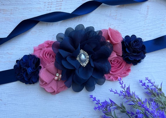 Mauve Navy Girl Sash Navy and Mauve Flower Girl Sash flower
