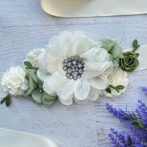 Cream Green Girl Sash ,Flower Girl Sash , Greenery Toddler Flower Sash Belt ,Ivory Green Sash Belt for Girls , Bridal Sash , Bridesmaid Sash