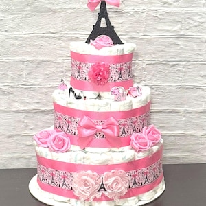 Paris Eiffel Tower Diaper Cake , Eiffel Tower Baby Shower Girl , Pink Paris Diaper Cake Girl ,Table Centerpieces , Baby Shower Decoration
