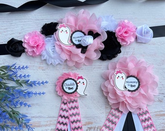 Pink Ghost Baby Shower Sash, Mommy to Be Maternity Sash, Halloween Pregnancy Sash, Mom to Be Sash, Ghost Baby Shower Girl , Baby Shower Pin