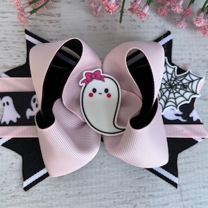 Ghost Hair Bow Halloween Hair Bow Pink Black Ghost Hair Bow Large Hair Bow Ghost Hair clip Girl Hair Bow