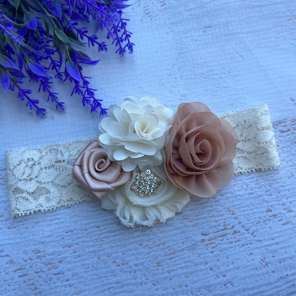 Cream Tan Lace Headband, Baby Headband, Flower Girl Headband ,Girl Headband, Ivory Tan Flower Headband