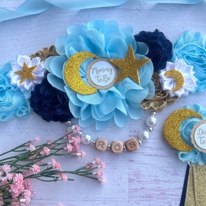 Little Star Maternity Sash Boy Navy Blue Gold Maternity Sash Pregnancy Sash Little Star Baby Shower Sash Boy Moon and Star Baby Shower