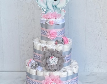Elephant Diaper Cake Girl: Pink & Gray Baby Shower Centerpiece with Headbands