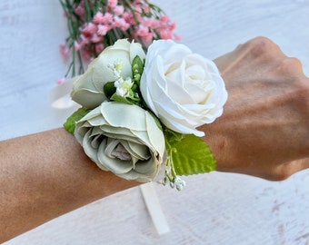 Sage Green Cream Wrist corsage Flower Corsage Wedding Corsage Mommy to be Wrist Corsage Bride Corsage Prom Corsage Mother of Bride Corsage