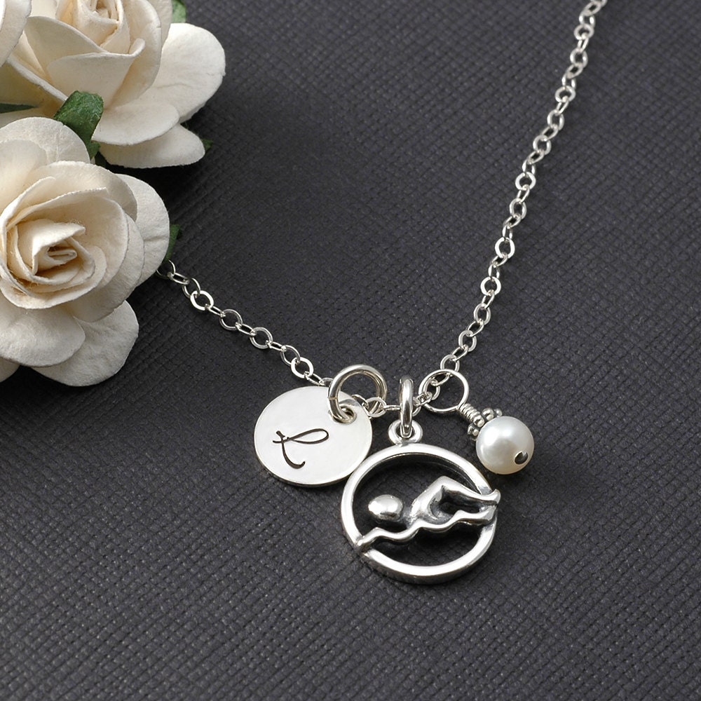 Swimmer initial necklace sterling silver swim necklace with Etsy