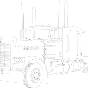 May include: A black and white line drawing of a semi-truck. The truck has a large grill with a Peterbilt logo. The truck has a long cab with a large windshield and a sleeper cab behind the driver's seat. The truck has a set of dual rear wheels on each side.