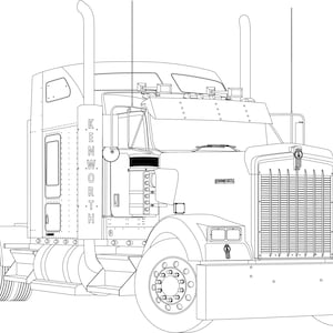 Op de afbeelding: Een zwart-witte lijntekening van een Kenworth-trekker. De truck heeft een groot rooster en een lange motorkap. Het woord "Kenworth" staat op de zijkant van de truck.