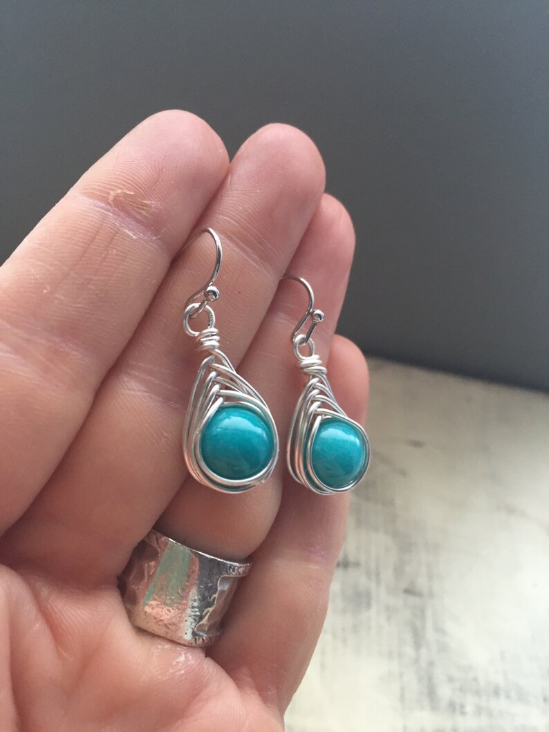 Turquoise Herringbone Earrings Wire Wrapped Earrings Silver Etsy