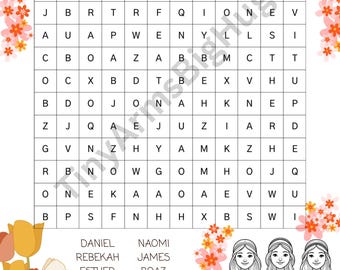 May include: A Bible Character Word Search puzzle with a grid of letters and a list of names. The title is in a decorative font. Floral and illustrated girl graphics frame the puzzle. The names include Daniel, Rebekah, Esther, Jonah, Jacob, Naomi, James, Boaz, Noah, and Ezra.