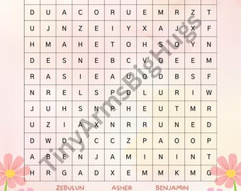 May include: A colorful word search puzzle titled "12 Tribes of Israel." The grid contains letters, with a list of names below. Pink floral accents frame the puzzle. The words to find are: Zebulun, Naphtali, Manasseh, Issachar, Asher, Judah, Gad, Dan, Benjamin, Ephraim, Reuben, Simeon.