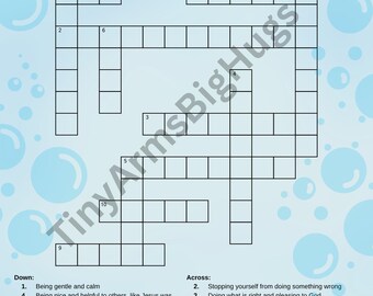 May include: A blue and white Bible Crossword puzzle with the title "Bible Crossword" at the top. The puzzle includes clues for both across and down answers. The background has a light blue bubble design.
