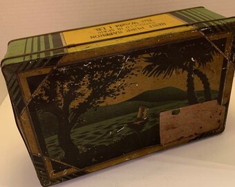 Rara lata de azafrán de lito vintage con tapa con bisagras fabricada en España
