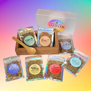 Sliding sampler box packaging by Urbll, beautifully labeled herbal tea gift set ideal for stocking stuffers and small gifts.