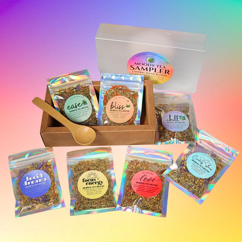 Sliding sampler box packaging by Urbll, beautifully labeled herbal tea gift set ideal for stocking stuffers and small gifts.