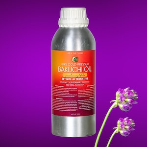 May include: A silver metal bottle with a white cap, labeled "BAKUCHI OIL" with text indicating it's a retinol alternative. The label is red and orange with green accents. The background is a gradient of purple. Two purple flowers are in the foreground.